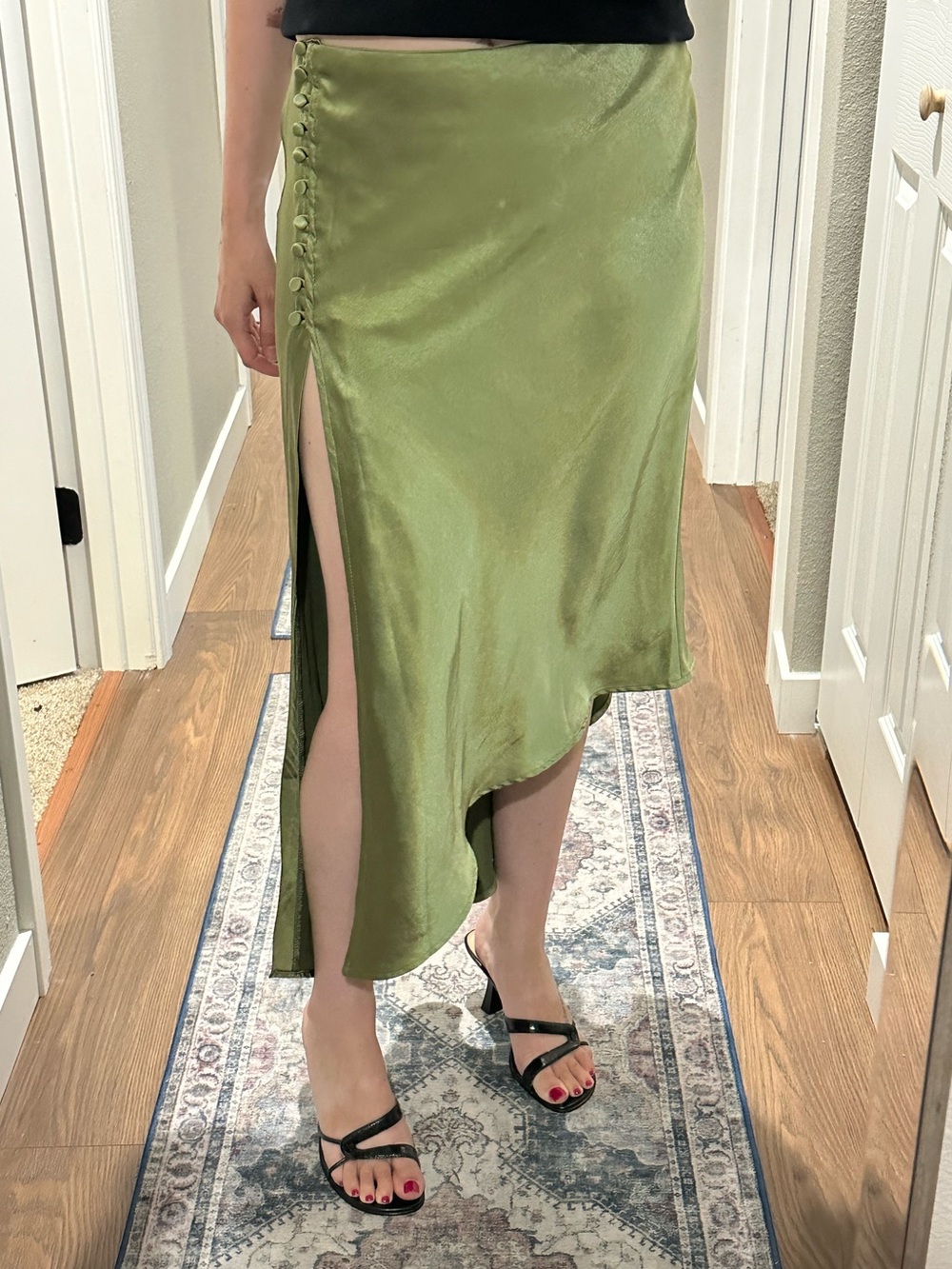 Olive Green Asymmetric Satin Button-Detail Skirt